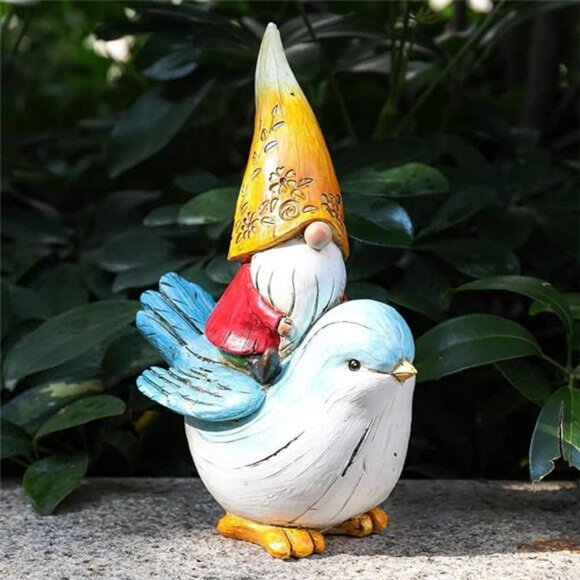 Garden Gnome Statue Outdoor Decor - Garden Gnomes Sitting on Bird Statue - Picture 7 of 7